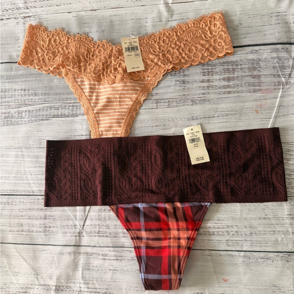 Aerie Lace and Plaid Thong Set of 2 NWT